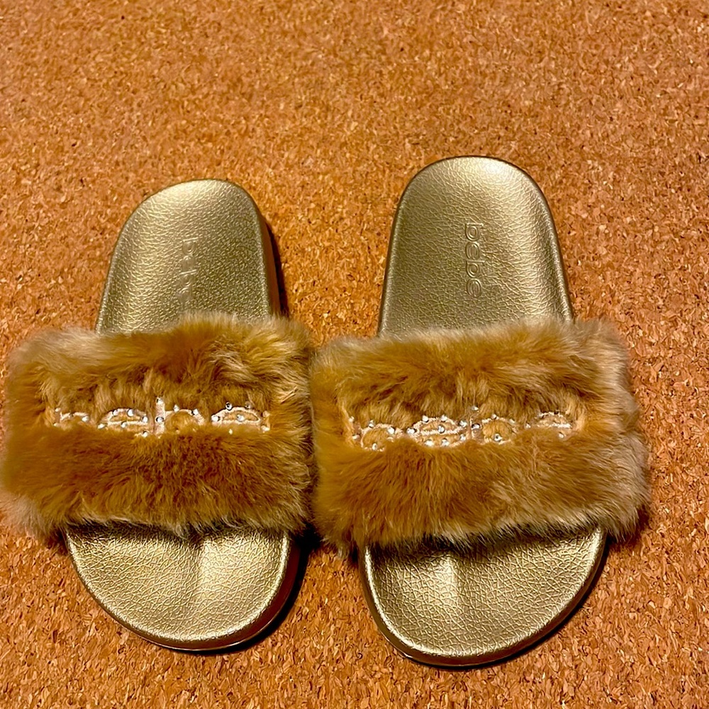 Gold faux Bebe house slippers worn once !